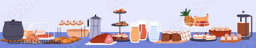 Smorgasbord, buffet-style serving. Food, drinks and desserts for breakfast on table. Hotel lunch with snacks, bakery, fruits, eggs, meat, bread, juice, tea and coffee. Flat vector illustration photo