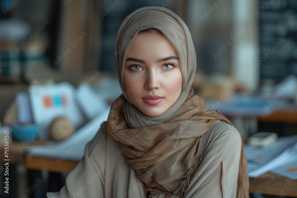 Muslim Businesswoman wearing beige Hijab working in Modern office. Does Data Analysis, Website Design, Creative Development. Digital Entrepreneur Works on e-Commerce Startup Project Muslim Businesswoman wearing beige Hijab working in Modern office. Does Data Analysis, Website Design, Creative Development. Digital Entrepreneur Works on e-Commerce Startup Project