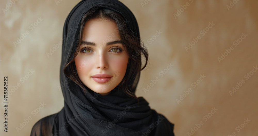 Muslim woman Wearing black Hijab on beige background. Banner. World Hijab Day Muslim woman Wearing black Hijab on beige background. Banner. World Hijab Day