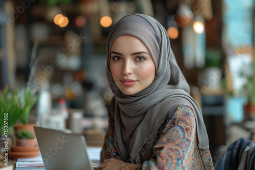 Muslim Businesswoman wearing beige Hijab working in Modern office. Arab abaya woman using laptop. Digital Entrepreneur Works on e-Commerce Startup Project photo