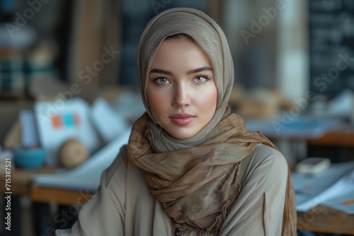 Muslim Businesswoman wearing beige Hijab working in Modern office. Does Data Analysis, Website Design, Creative Development. Digital Entrepreneur Works on e-Commerce Startup Project