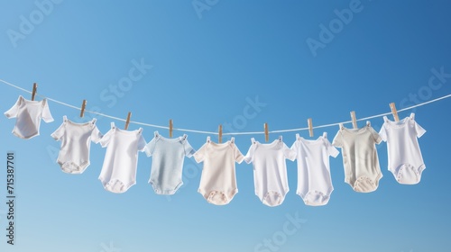  a line of baby ones hanging on a clothes line with clothes hanging on a clothes line against a blue sky.