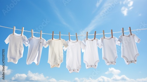 a line of baby ones hanging on a clothes line with a blue sky in the background and clouds in the sky.