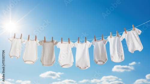  a line of baby ones hanging on a clothes line with the sun shining in the sky in the back ground.