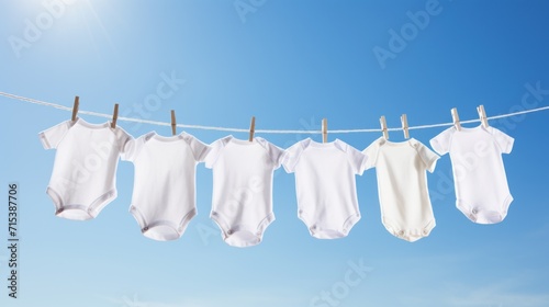  a line of baby ones hanging on a clothes line against a blue sky with the sun shining in the background.