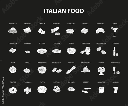Italian food set vector illustration. Engraved, bundle of traditional dishes, homemade and restaurant dinner dishes and sauces cooking in cuisine of Italy photo