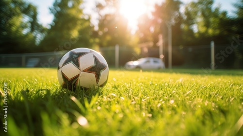  a soccer ball sitting in the middle of a field with the sun shining on the grass and trees in the background.