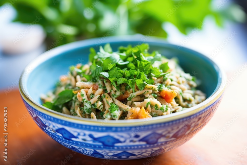 close view of spelt pasta with cashew pesto in a light blue bowl, parsley on top close view of spelt pasta with cashew pesto in a light blue bowl, parsley on top