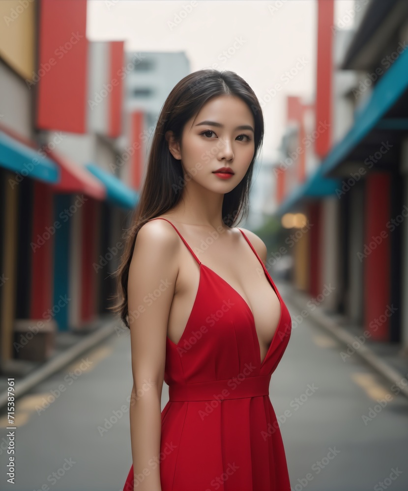 a beautiful lady Filipina-Japanese blood mix, wearing Red elegant sleeveless trendy midi dress