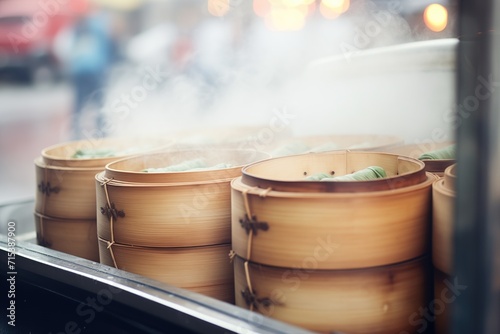 steaming dim sum in bamboo steamers in chinese truck
