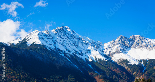 The banner mountain view of alpine as snow-capped mount peaks scene in Winter mountains background