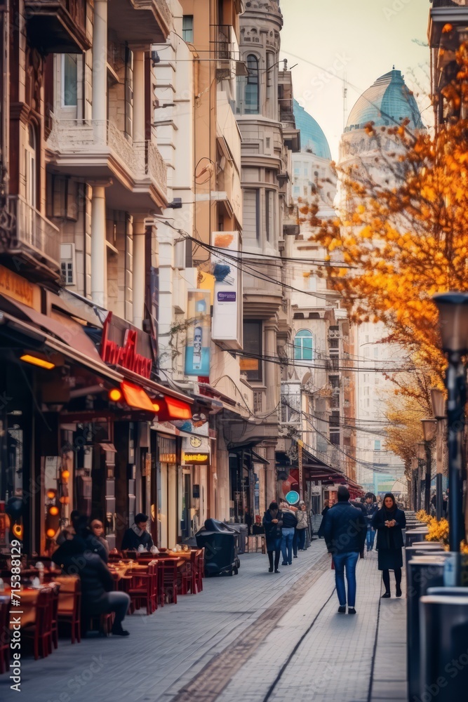 People strolling along a business district street filled with shops and cafes, Generative AI