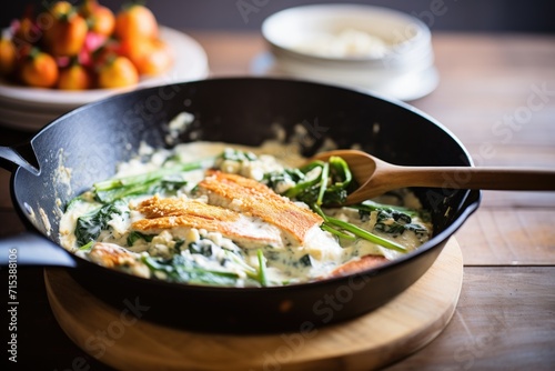 a skillet with spinach and feta stuffed chicken in a creamy sauce, wooden spatula on the side