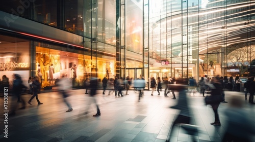 a blurry photo of a crowd of people walking down a street in front of a building with glass walls.