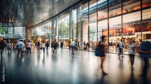  a blurry photo of a group of people walking in front of a large glass building with lots of windows.