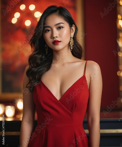  a beautiful lady Filipina-Japanese blood mix, wearing Red elegant sleeveless trendy midi dress