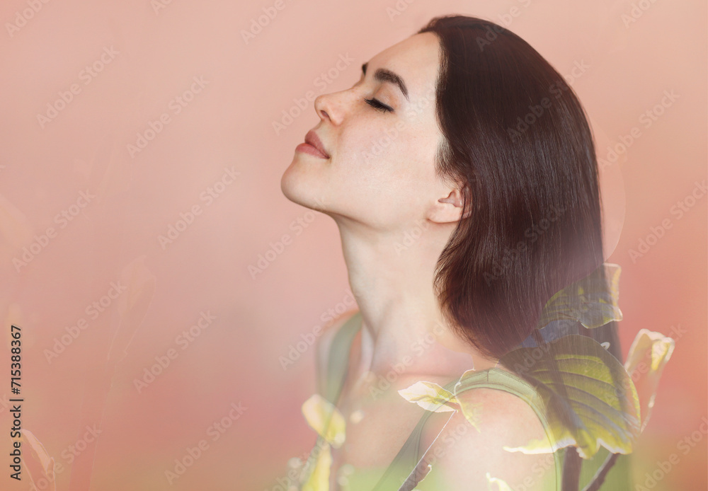 Side view of beautiful brunette woman with long straight hair in profile with her head back Side view of beautiful brunette woman with long straight hair in profile with her head back