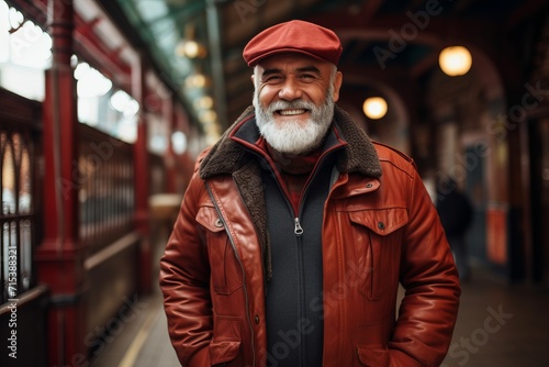 Portrait of a senior man in a red jacket and cap on a city street.