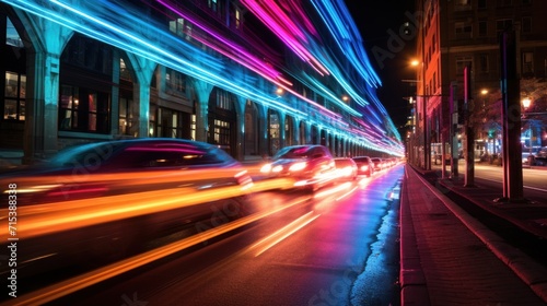  a blurry photo of a city street at night with cars driving down the street and buildings in the background.