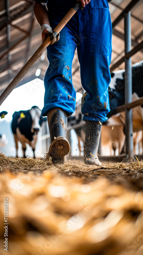 Farmer working in barn with dairy cows, agricultural lifestyle. 