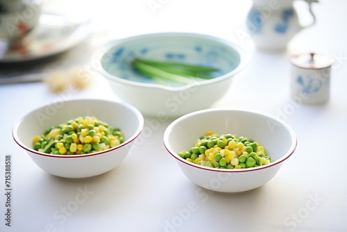 steamed peas and corn in white bowls with butter pat