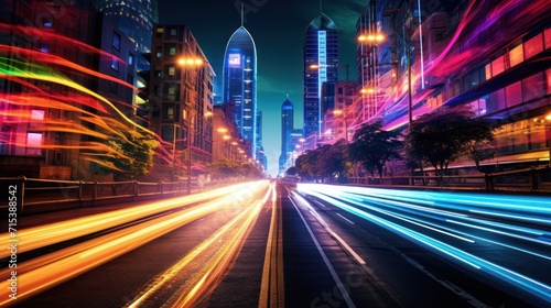  a long exposure photo of a city street at night with lights streaking down the street and skyscrapers in the background.