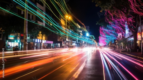  a blurry photo of a city street at night with light streaks on the road and buildings in the background. © Nadia