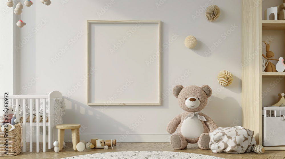 Mock up frame in neutral unisex children room interior background. Generative Ai