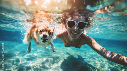 Happy woman and little dog swimming underwater in pool, summer, happy, lifestyles, vacation, holiday, healthy, active, joy, happiness, recreation, enjoyment