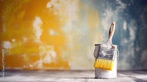 painter man, brush in hand for products to restore and paint the wall, indoor the building site of a house, wall during painting, renovation, painting, contractor, Architect, construction worker. photo