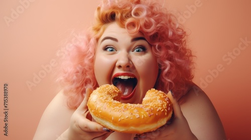 fat women enjoy eating donut  dessert  donut  holding  sweet  fun  women  beauty  cute  young  joyful  hungry  positive  pastry  over weight
