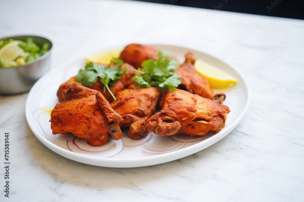 Fototapeta premium uncooked tandoori chicken thighs on a white plate