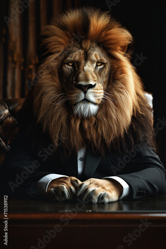 concept of a lion in a suit at a desk in the office