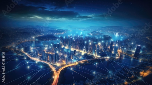 Smart city and big data connection on night megapolis city skyline background. Generate AI image