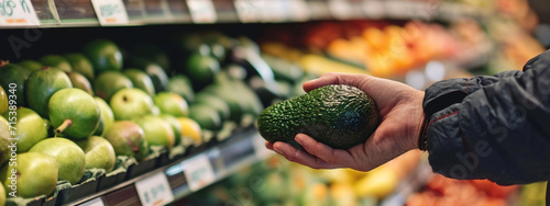 male hand picks ripe hass avocado fruit on avocado background in supermarket