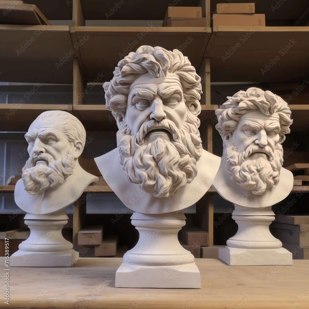 Obraz premium three busturines of men with beards on a table