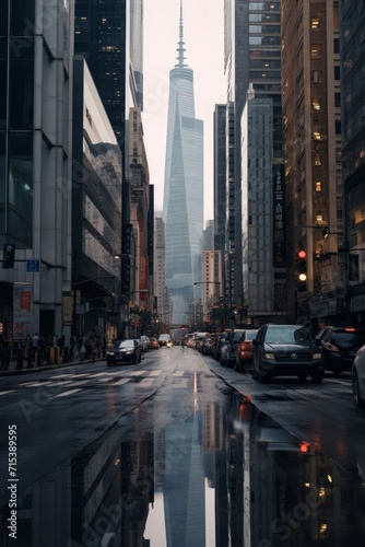 Modern business district street with skyscrapers towering above  Generative AI