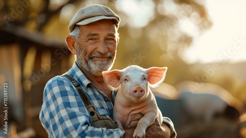 the farmer holds a little pig in his hands. photo