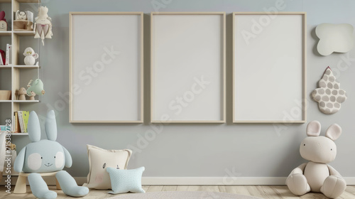 Mock up frame in neutral unisex children room interior background. Generative Ai