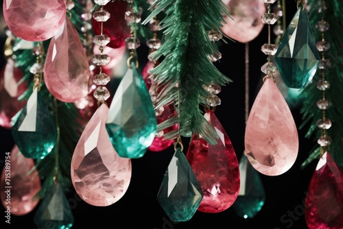 a bunch of pink and green crystals hanging from a christmas tree with a pine tree branch in the foreground.