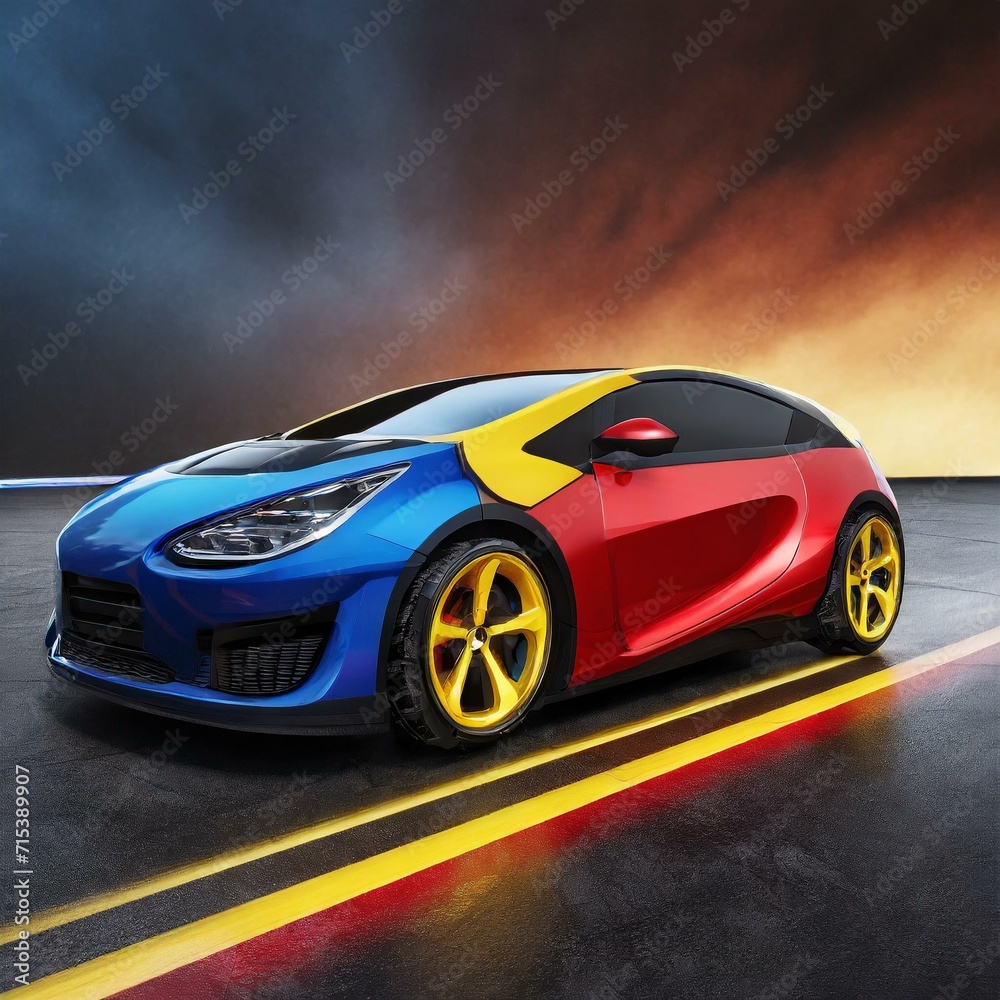 Naklejka premium Modern electric car in red, blue, yellow and black 
