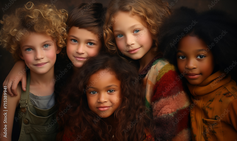 Group of happy children, interracial, friends, generated by AI