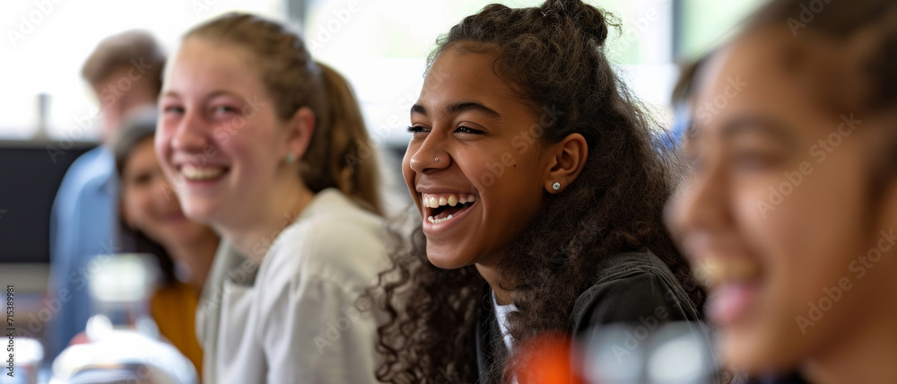 Obraz premium Joyful students share a laugh in a classroom setting, showcasing diversity and the happiness of youth in an educational environment