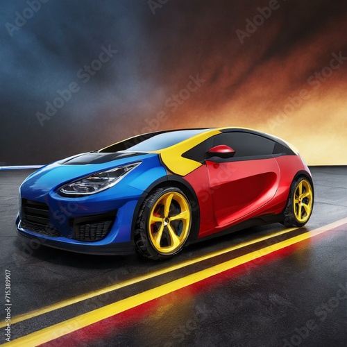 Modern electric car in red, blue, yellow and black 