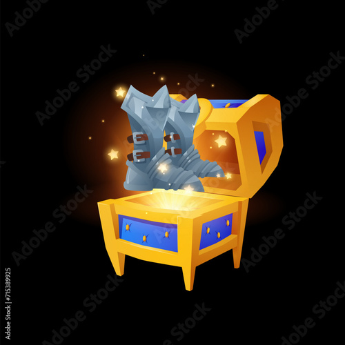 Open chest with vintage boots, realistic vector illustration isolated.