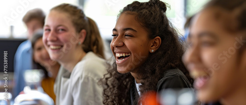 Joyful students share a laugh in a classroom setting, showcasing diversity and the happiness of youth in an educational environment