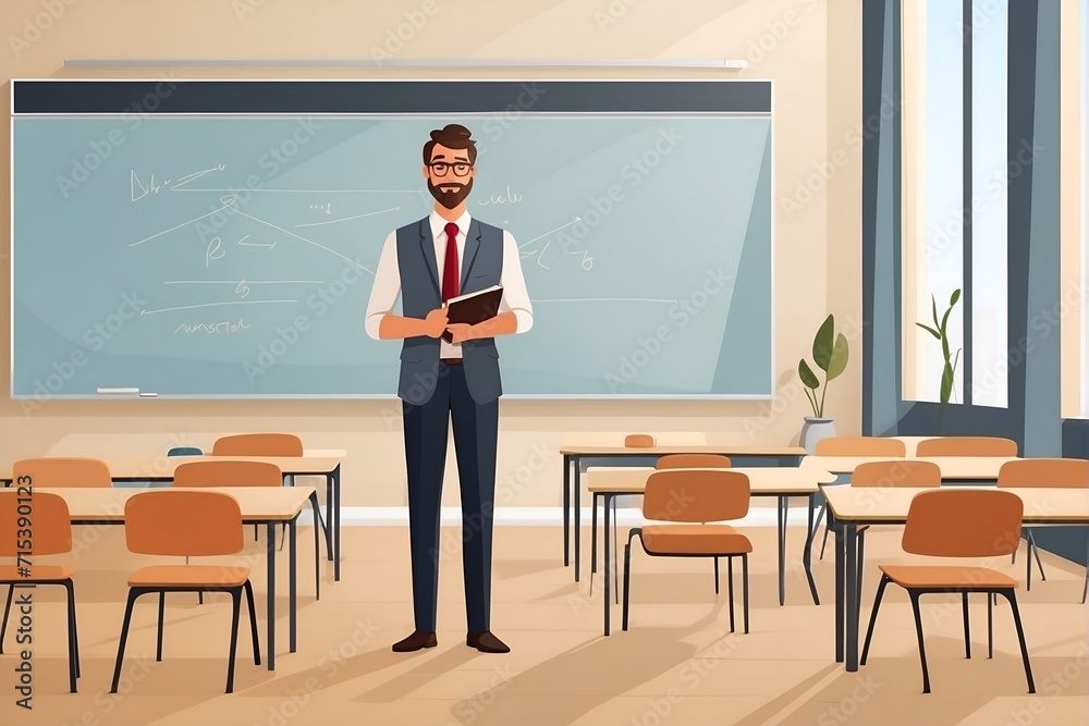 Man Standing in Front of Classroom Full of Desks. Generative AI. Man Standing in Front of Classroom Full of Desks. Generative AI.
