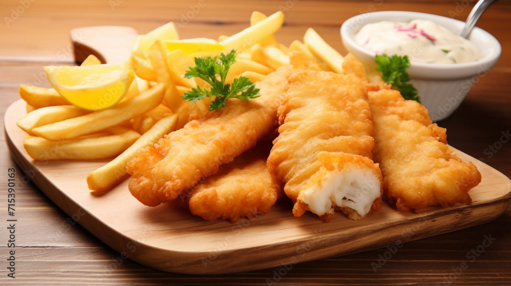 Fish and chips french fries on wooden plates with dips sauce Fish and chips french fries on wooden plates with dips sauce