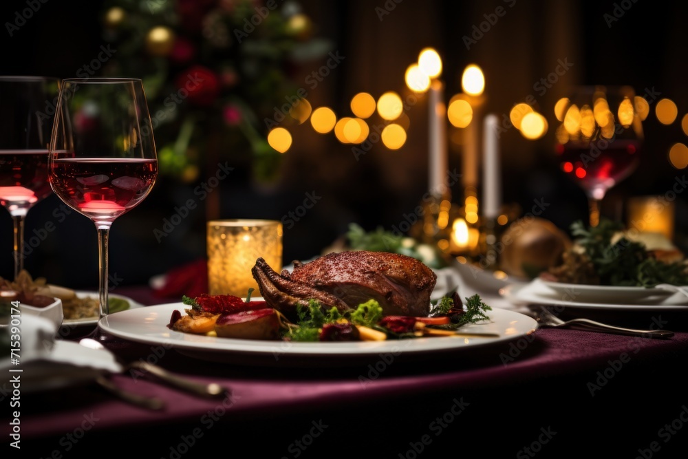  a table topped with a plate of food and a glass of wine next to a plate with a turkey on it.