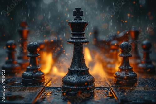 stylish black chess stands on a chessboard and a fire is burning around. Gloomy environment